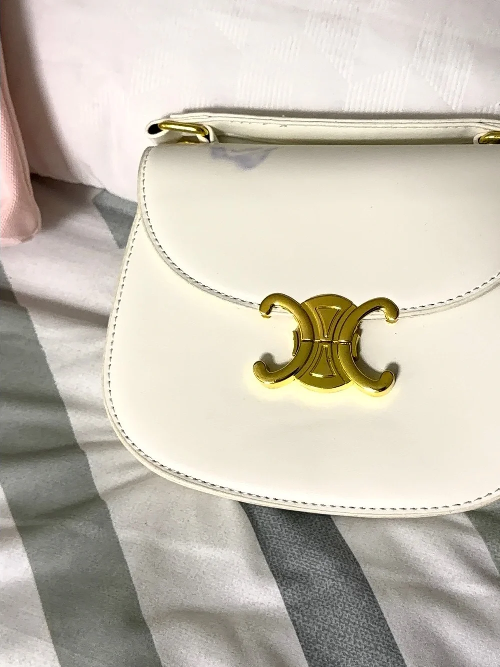 White Leather Top-Handle Shoulder Bag with Gold Accent